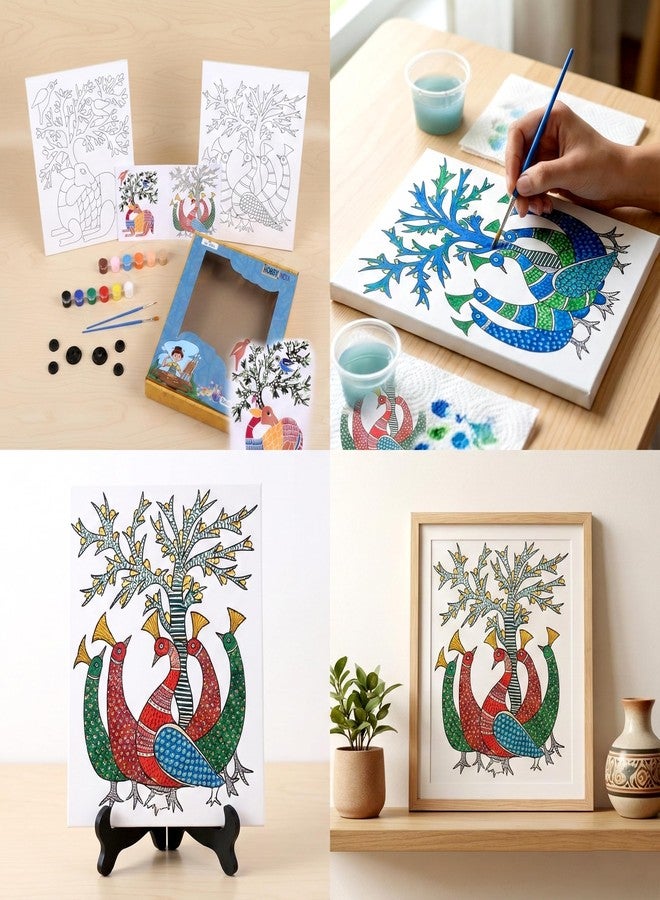 HOBBY INDIA مجموعة أدوات الرسم على القماش من هوبي إنديا للأطفال والكبار | فنون وحرف يدوية للبنات والأولاد | ديكور منزلي، غرفة نوم، غرفة معيشة، مكتب، وجدار | هدية عيد ميلاد أو هدية تذكارية | فن هندي (فن غوند) - Image 3